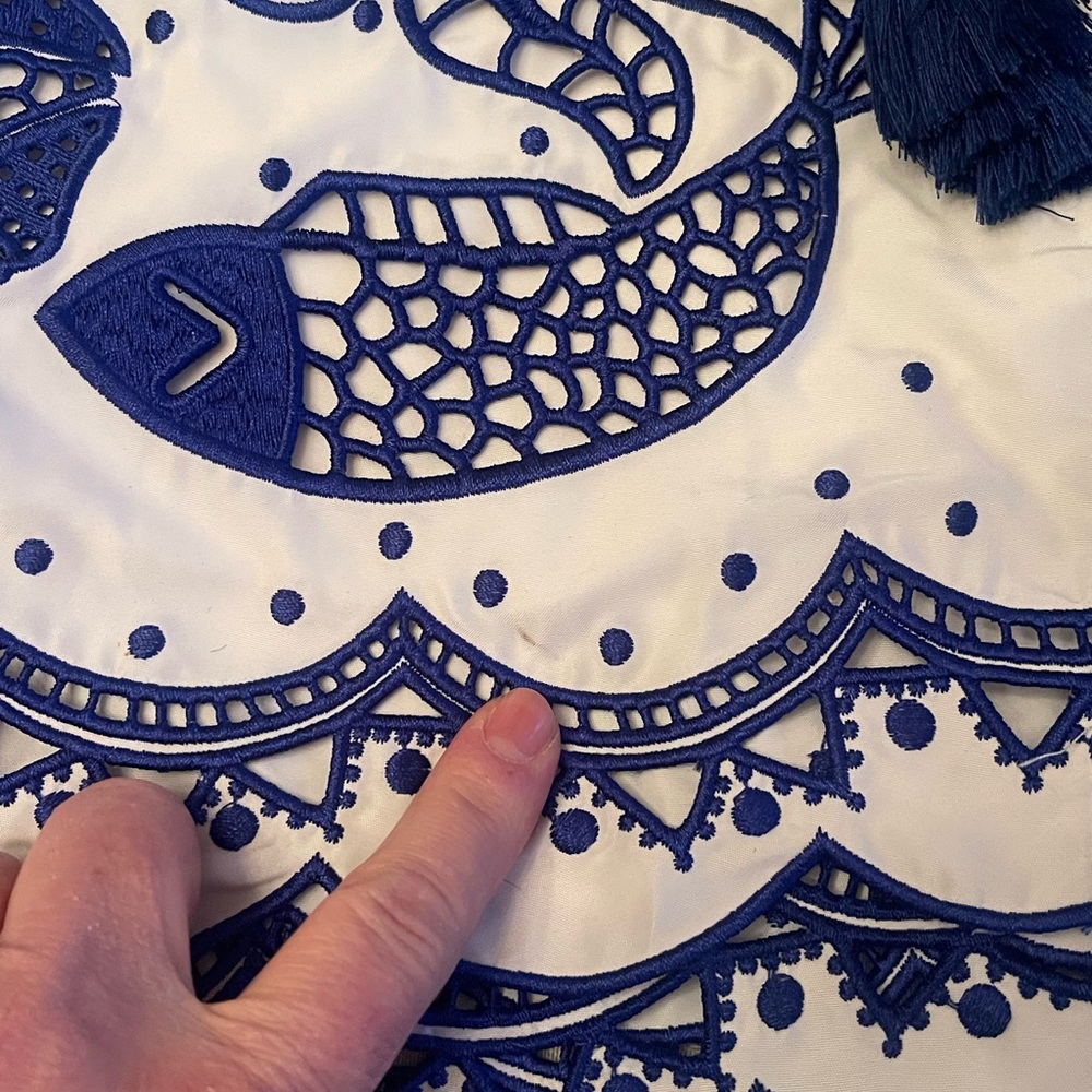 Farm Rio Artisanal Embroidered Resortwear/Beach Shorts Blue White XS Tassel Tie - Picture 15 of 16